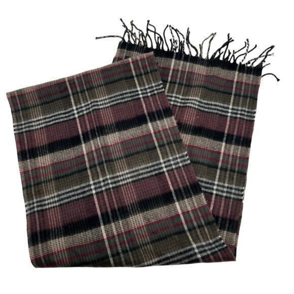 Vintage 100% cashmere Made in Scotland dark plaid fringe scarf unisex winter